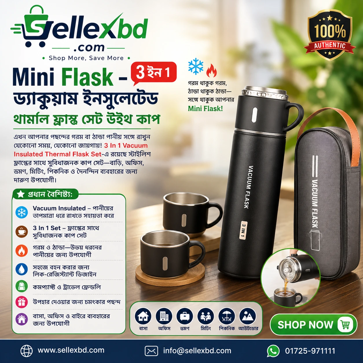 Mini Flask – 3 In 1 Vacuum Insulated Thermal Flask Set With Cup Set