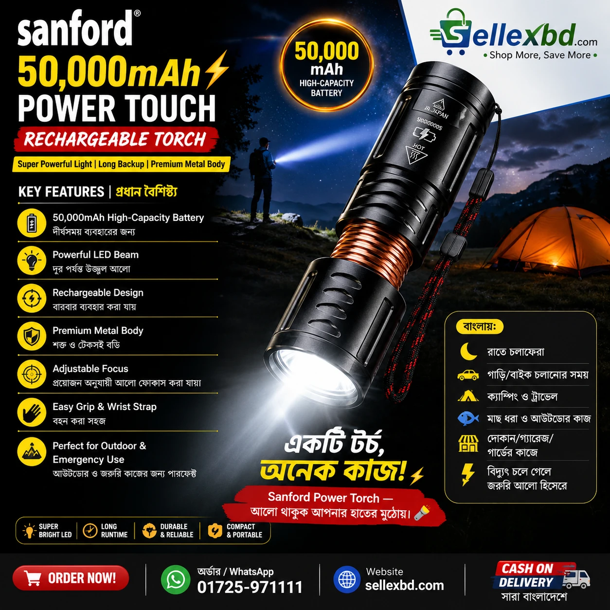 Sanford 50,000mAh Power Touch Rechargeable Torch